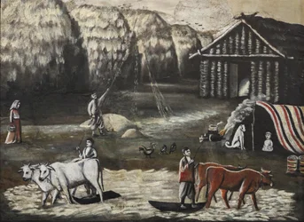 Tröskgård. Kväll (terrain de battage, le soir) av Pirosmani (Pirosmanashvili), Niko (1862-1918). Olja på kartong, storlek: 77x106