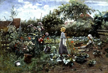 I köksträdgården. Två unga flickor samtalar i en köksträdgård. Den ena arbetar i trädgården och den andra plockar grönsaker. Målning av Nikola Mašić (1852-1902), privat samling