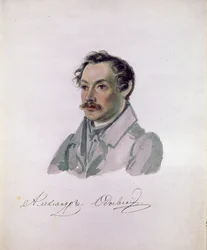 Portrait du poete et decabriste Comte Alexander I.Odoevsky (1802-1839) (decabrisme) (Porträtt av poeten, decembrist greve Alexander I. Odoevsky). Peinture av Nikolai Alexandrovich Bestuzhev (1791-1855). Aquarelle sur papier, 22,2 x 17,8 cm