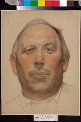 Porträtt av Demian Bedny (1883-1945) - Oeuvre av Nikolai Andreevich Andreev (1873-1932), sanguine et craies sur papier (32x24,2 cm), vers 1920 - (Porträtt av Demyan Bedny, av Nikolay Andreyevich Andreyev, sanguine, svart och vit krita på papper