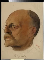 Porträtt av Vikenti Vikentyevich Smidovitch, dit Vikenti Veressaiev (1867-1945), rysk läkare och författare (Vikenty Vikentyevich Veresaev) - Teckning av Nikolai Andreevich Andreev (1873-1932) sangvin och kritor på papper (32,5x24 cm)