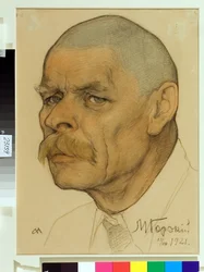 Porträtt av den ryske författaren Maxime Gorki (1868-1939) - Verk av Nikolai Andreevich Andreev (1873-1932), blod och krita på papper (32,6x24,3 cm)