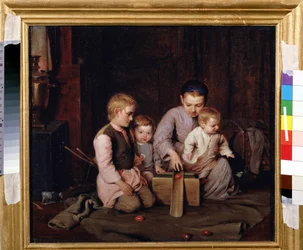 Påskäggsspel. Fyra barn leker med att skjuta in träägg i en träkanal, installerad på en kappa, utspridda på husets golv. Målning av Nikolai Andreevich Kocheliov (1840-1918), olja på duk
