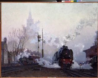 På vägen (på väg). Ånglok dränker stadslandskapet i röken från deras skorstenar. Målning av Nikolai Dmitryevich Kuznetsov (1923-1974), olja på duk