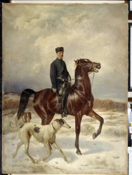 Jägaren (Jägaren). Till häst och i sällskap av sina Barzoi-hundar (rysk vinthund). Målning av Nikolai Yegorovich Sverchkov (Nicolas Swertschkoff) (1817-1898), olja på duk. rysk konst