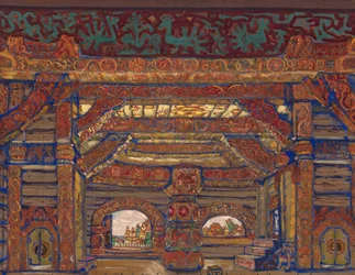 Tsar Berendeys palats. Scenografi för teaterpjäsen Snow Maiden av A. Ostrovsky, 1912