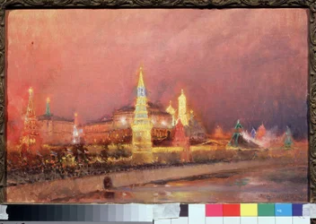 Illumination av Kreml i Moskva. Stadslandskap med ryska flaggor och en folkmassa samlad på kajerna längs Moskvafloden, 1856-1900, 1896. Rysk konst