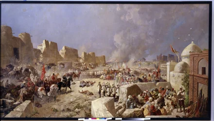 Den ryska armén invaderar Samarkand (Uzbekistan) (Den ryska armén invaderade Samarkand). Period av rysk expansion till Centralasien, ryssarna tar Samarkand 1868. Målning av Nikolai Nikolayevich Karasin (1842-1908), olja på duk 1888. Konst