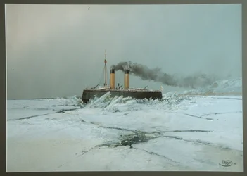 Det ryska isbrytarskeppet Iermak (Icebreaker Yermak) - Verk av Nikolai Nikolayevich Karasin (1842-1908), akvarell och vitt på papper (45,4x76 cm)