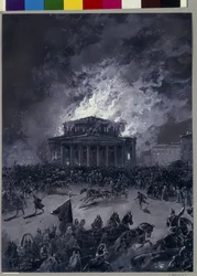 Bolsjojteaterns brand i Moskva (Ryssland), 11 mars 1853 (Folkmassans rörelse framför byggnaden och brandmännens ankomst) - Verk av Nikolai Nikolayevich Karasin (1842-1908), gouache på papper - rysk konst , andra hälften av 1800-talet - St
