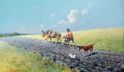 ""plogar"" Bonde som plöjer sina åkrar, Ryssland Målning av Nikolai Nikolayevich Karasin (1842-1908) 1899 Dim 16,5x27,5 cm Privat samling