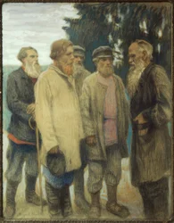 Leo Tolstoj med bönder / pastell av Bogdanow-Bjelski