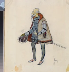 Förberedande kostym, The Miserly Knight, för teaterpjäsen ""The Avare Knight"" av Alexander Pushkin (1799-1837) (Dräktdesign för teaterpjäsen The Miserly Knight av A Pushkin) - Verk av Nikolai Pavlovich Ulyanov (Ulyanov) ( 1875-1949), cra