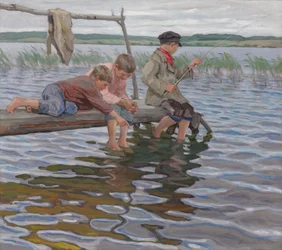 Pojkar som fiskar vid en pir
