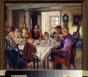 Nya husägare, stor familj vid bordet och dricker te i sitt nya hus, tigger 1900-talet (olja på trä)