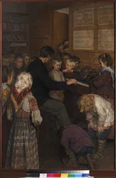 Sånglektion på byskolan (läraren spelar harmonium) av Bogdanov-Belsky, Nikolai Petrovich (1868-1945). olja på duk