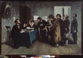 skiljedomstol i provinserna. Daglig scen för rättvisa. Målning av Nikolai Petrovich Zagorsky (1849-1893), olja på duk