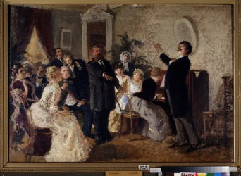 Duo. (Sångare ger konsert i ett privat rum). Målning av Nikolai Petrovich Zagorsky (1849-1893), olja på duk. rysk konst