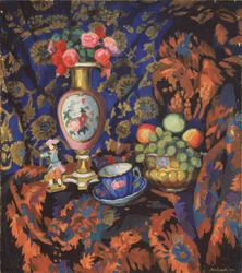 Stilleben med porslin och blommor, 1913