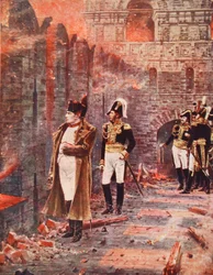 Napoleon betraktar Moskvas brand, illustration ur "Hutchinsons nationernas historia", cirka 1910