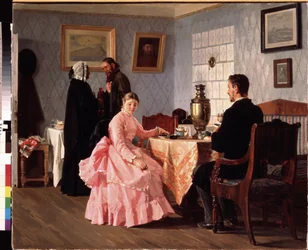 Matchmakingen. Möte organiserat kring en kopp te, för att organisera ett ungt pars bröllop. Målning av Nikolai Vasilyevich Nevrev (1830-1904), olja på duk