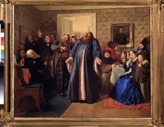 En protodiakon vid köpmannens namnsdagsfest. Målning av Nikolai Vasilyevich Nevrev (1830-1904), olja på duk, cirka 1860. Rysk konst från 1800-talet. Statens Tretjakovgalleri, Moskva
