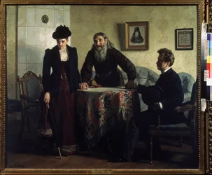 En remonstrans (En förmaning). Ett par i äktenskapskris besöker en ortodox präst och får en lektion i moraliskt uppförande. Målning av Nikolai Vasilyevich Nevrev (1830-1904), olja på duk
