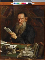 Leon Tolstoi - Porträtt av författaren greve Lev Nikolayevich Tolstoy (1828-1910), av Orlow, Nikolai Vasilievich (1863-1924). Olja på duk, slutet av 1800-talet. Statens centrala litterära museum, Moskva