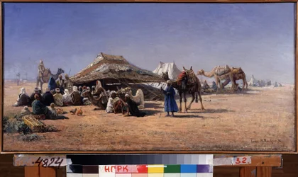Kairo (Egypten) (Kairo). Lägerplats av en husvagn i öknen, staden i bakgrunden. Målning av Nikolai Yegorovich Makovsky (1842-1886), olja på duk