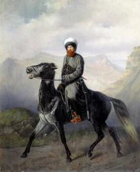 Ryttarporträtt av Sjamil (imam Sjamil, Shamil) (1797-1871), ledare för de muslimska stammarna i norra Kaukasus