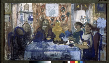 Dricka te. En familj samlades runt ett bord med en samovar i mitten. Verk av Nikolai Nikolayevich Sapunov (Sapunov) (1880-1912), tempera på kartong