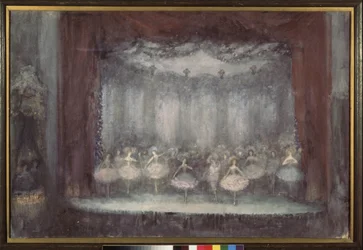 En balett. (Teaterscen med ballerinor in tutu). Verk av Nikolai Nikolayevich Sapunov (Sapunov) (1880-1912), tempera, krita, silver och brons på kartong