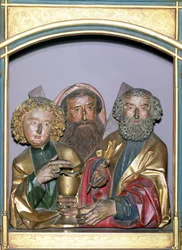 Träsniderier av SS. John, Andrew och Peter, från predella av Isenheim altartavla, ca 1490 (målat trä)