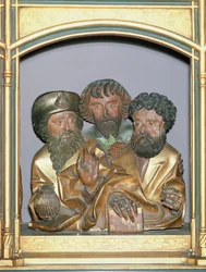 Träsniderier av Jakob den store, Simon och Thaddeus, från predella i Isenheim-altartavlan, ca 1490 (målat trä)