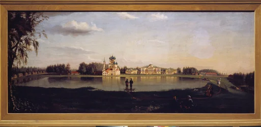 Utsikt över Ostankino-egendomen (Moskva, Ryssland). Målning av Nikolai Ivanovich Podklyuchnikov (1813-1877), olja på duk