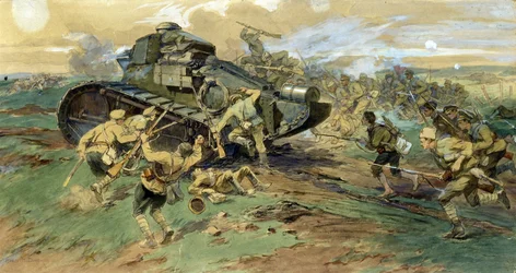Infångandet av en stridsvagn på Krim. Stridsscen under det ryska inbördeskriget (1917-1923), mot den vita armén mot de röda gardet. Verk av Nikolai Semyonovich Samokish (1860-1944), akvarell på papper