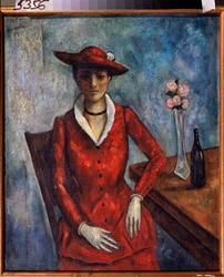 En kvinna i rött - Målning av Nikolai Vladimirovich Sinezubov (Nicolas Sinezuboff) (1891-1956), olja på duk
