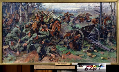 Det ryska kavalleriet laddar det tyska artilleriet 1915 (Det ryska kavalleriet laddar det tyska artilleriet 1915). Målning av Nikolai Yakovlevich Borisov (1873-1942). Olja på duk, 75 x 142 cm, rysk konst från början av 1900-talet. Statens centrala artiller