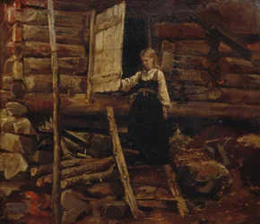 Flicka på trappa (olja på duk)