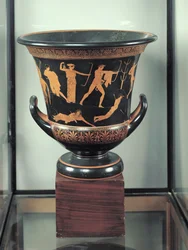 Attic röd-figur calyx-krater som visar döden av niobids, c.460-50 f.Kr. (keramik) (se även 92576-77)