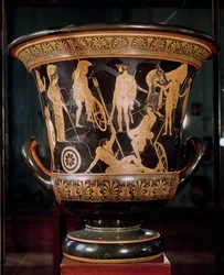Attic röd figur av calyx krater föreställande Hercules bär en lagerkrans med Athena och andra grekiska hjältar, c.450 f.Kr. (keramik)