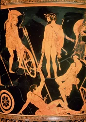 Herakles och grekiska hjältar, detalj från en attisk röd-figur calyx-krater, c.490 f.Kr. (keramik) (se även 92577 och 19106)