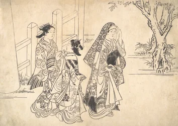 En kurtisan följt av två tjejer, ca. 1690-1751.