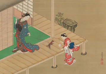Kurtisan och skötare som leker med en hund, ca. 1716-1736.