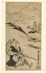 Poet-prästen Saigyo Hoshi tittar upp på berget Fuji