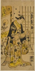 Skådespelaren Segawa Kikujiro I som Oshichi i pjäsen "Shochikubai Kongen Soga", uppträdde på Ichimura-teatern den tredje månaden, 1732