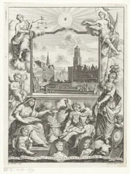 Stadsgezicht met Domkerk te Utrecht en allegorie med Utrechtse stedenmaagd Titelsida för: Elias de Vries, Dissertatio juridica, de jure naturale ac gentium, seu duobus prioribus juris fontibus, 1745.