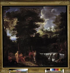 Marsyas spelar flöjt före Apollo och Midas Satyren trotsar guden Apollo, kung av lyra inför kung Midas och muserna