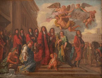 Rådmännen i Paris lämnar Hotel de Ville för att tacka Notre Dame efter Seneffes seger 1674, ca 1681 (olja på duk)