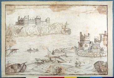 Ett slott över klipporna, med studier av galjoner och fiskebåtar (penna och brunt bläck på papper)